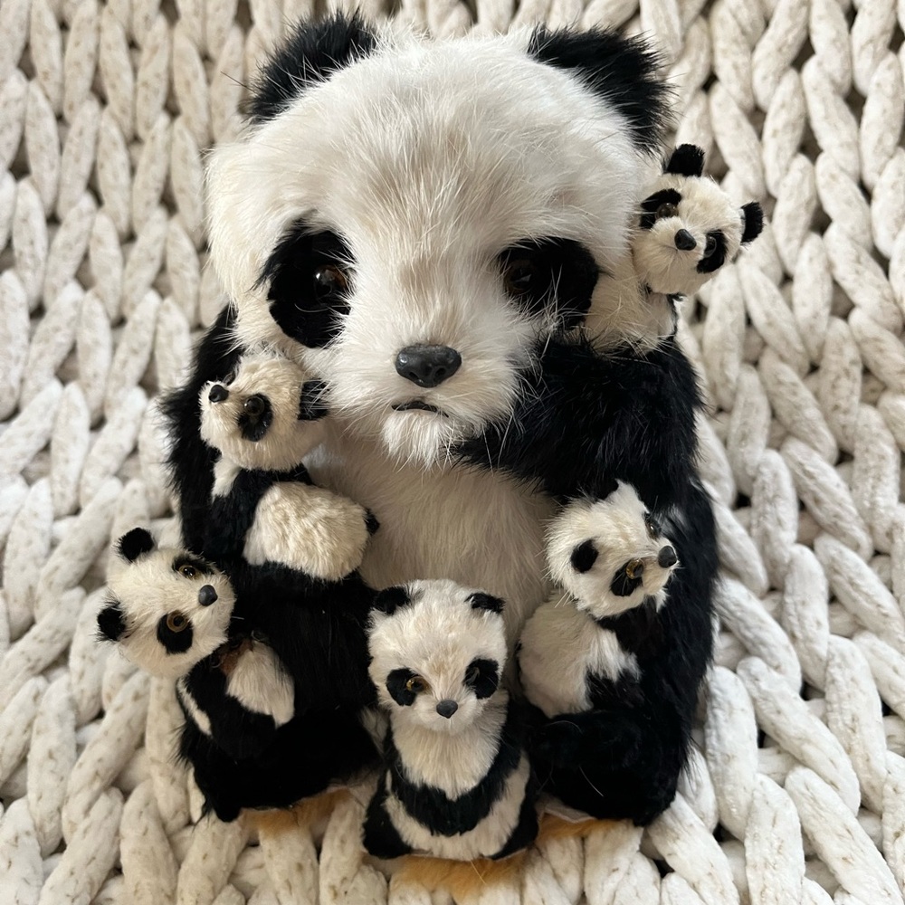 Vintage Black and White Panda Family Plush Set